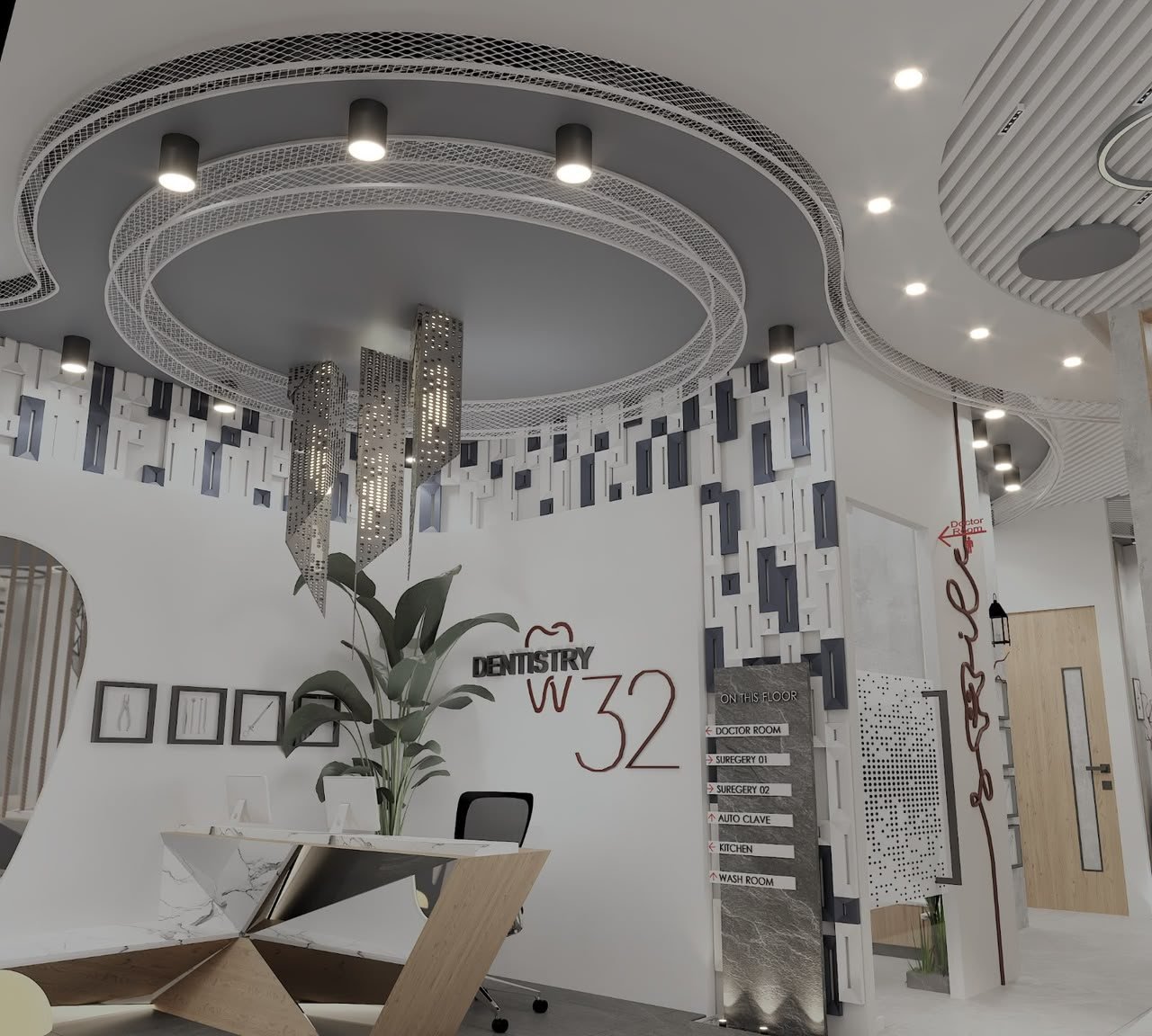 Dentistry32 reception with marble desk, perforated pendant lights and the burgundy 32 logo wall